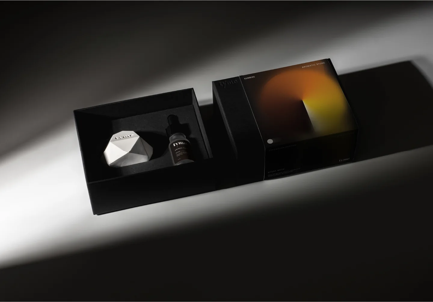 Tyme Circadian Rhythm gift set, open, with aromatic stone and oil